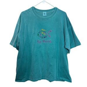 Vintage Up North‎ Fish Embroidered T-Shirt Teal Single Stitch Faded Coastal XL